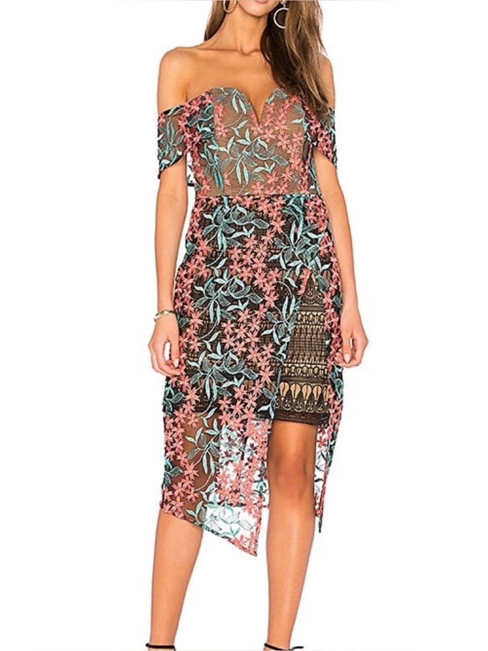 Elliatt Creation Off the Shoulder Midi Dress Floral Lace Black Multi Size Medium